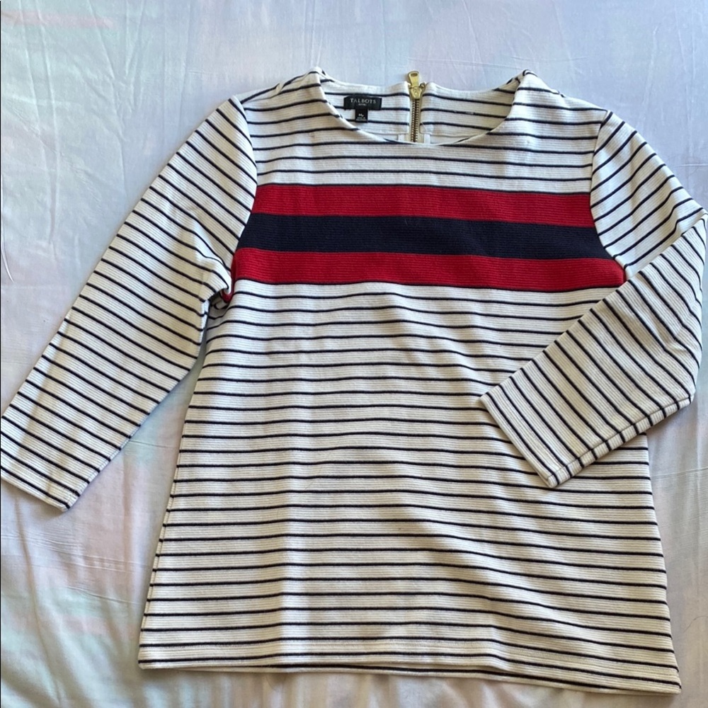 Talbots Striped 3/4 Long Sleeve Top with Red and Black Accents